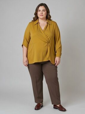 Addition Elle Penningtons Mustard Yellow Wrap Blouse - Long Sleeve Collared Top